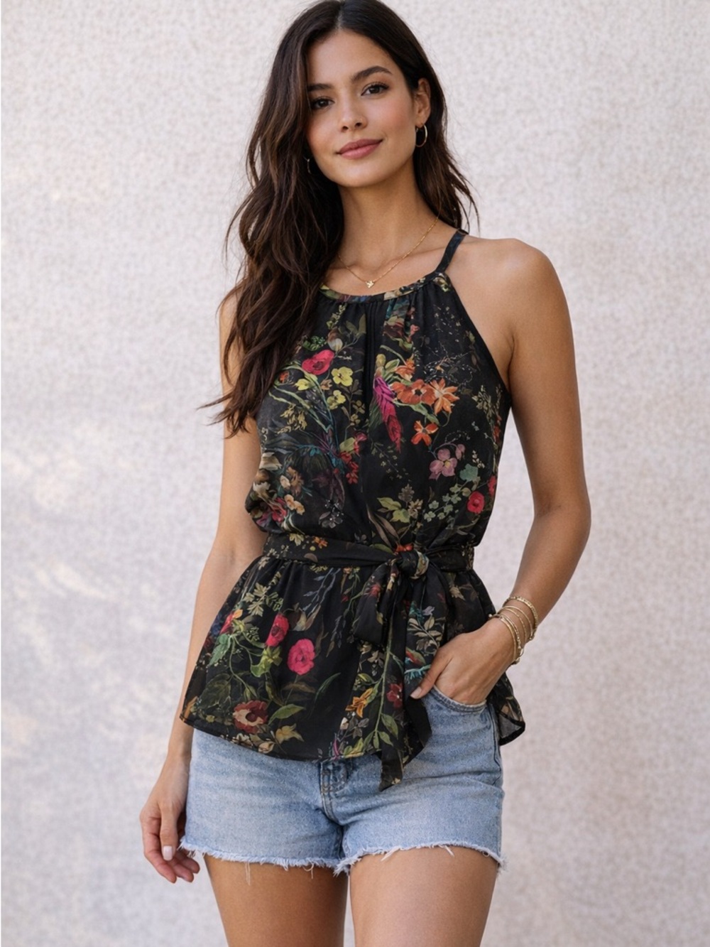 Parker-Racerback Sleeveless Black Alex Floral Halter Top-Size Small-Coquette